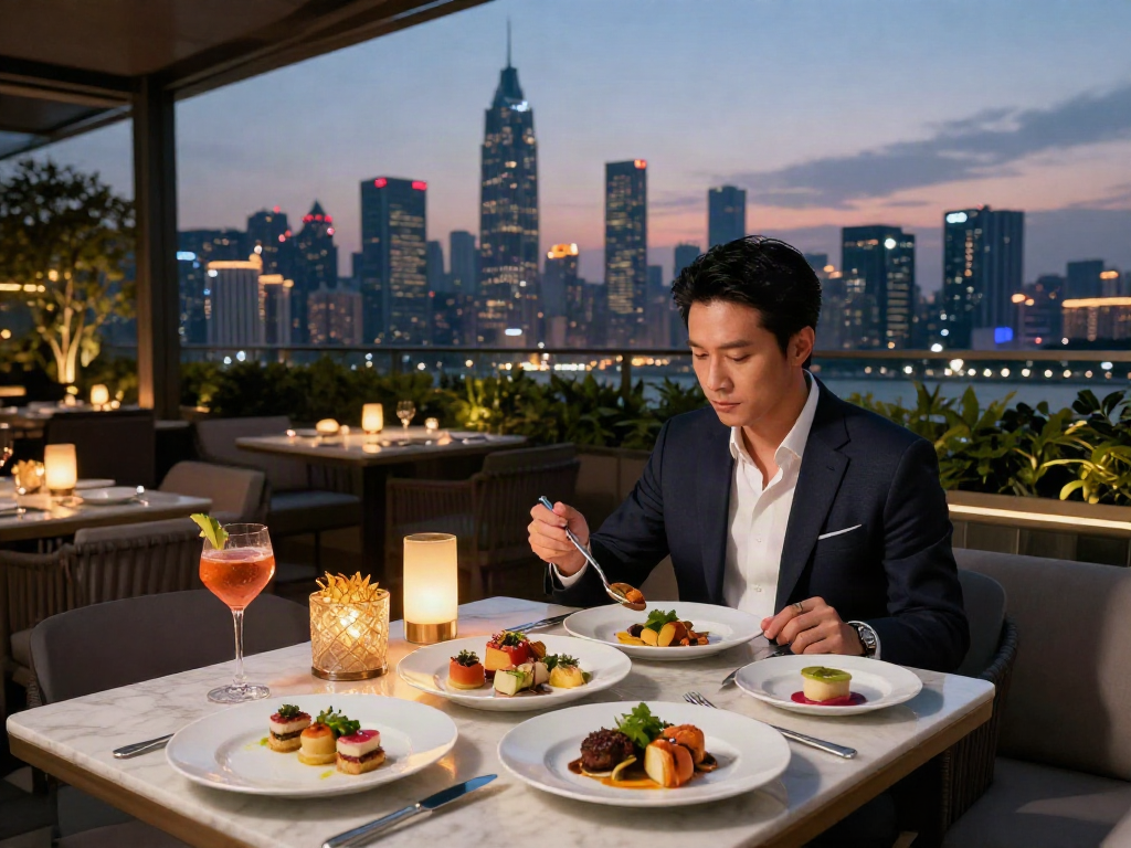 Pengalaman makan malam mewah di atas rooftop dengan pemandangan kota, LUXURY 111 menyajikan hidangan gourmet.