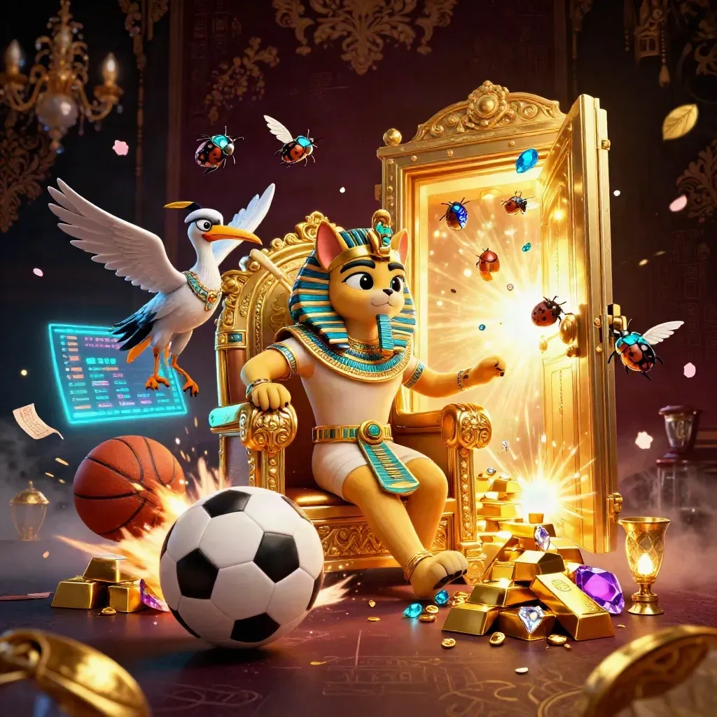 Pharaoh cat, ibis scribe and gem scarabs amid gold vault light, balls and casino treasures.