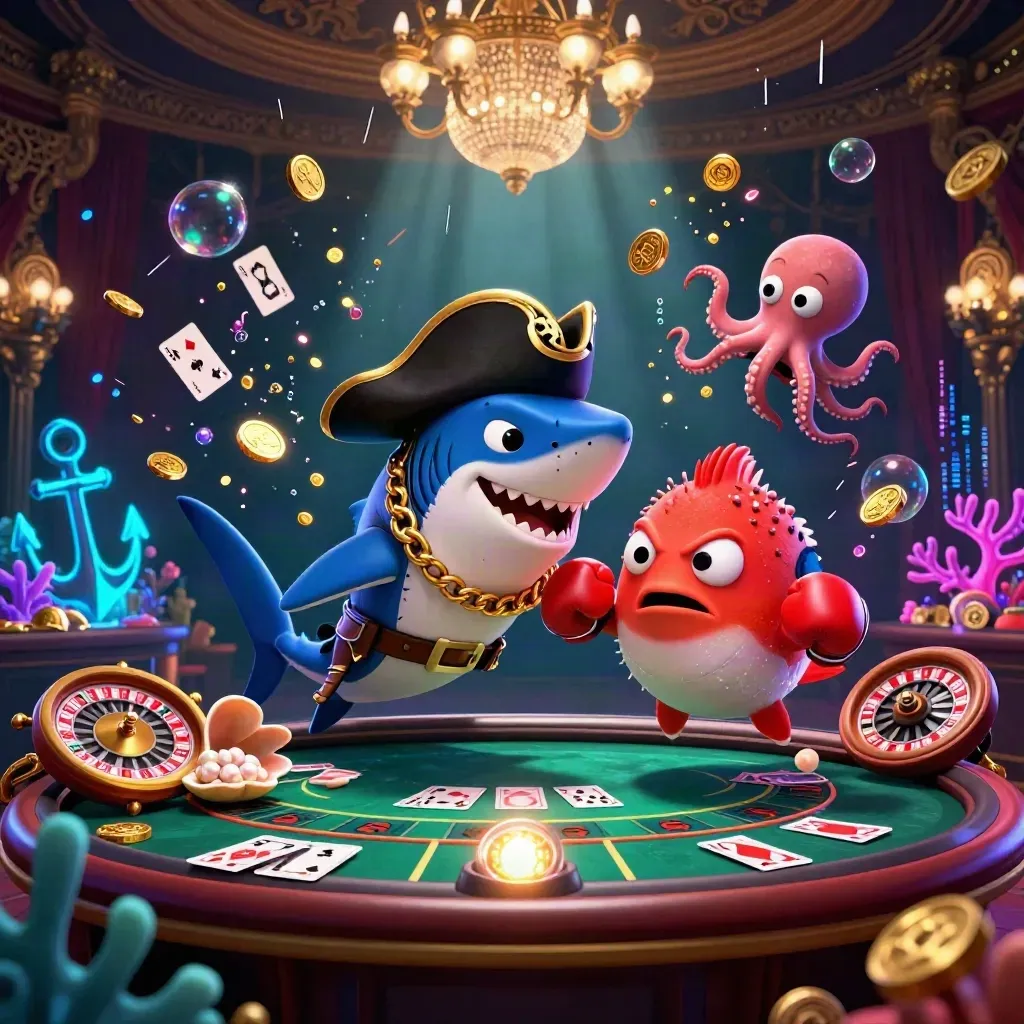 Pirate shark, boxing pufferfish, and coin-juggling octopus in a luxe underwater casino scene.