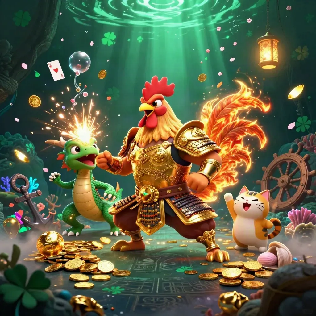 Rooster samurai, spark-breathing dragon hatchling, and lucky cat amid treasure bursts under cyan glow