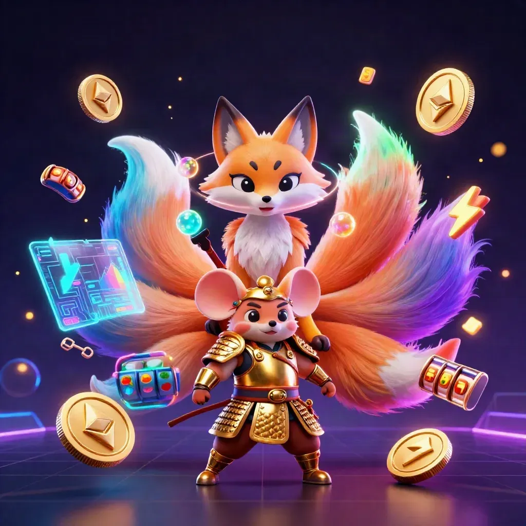 Neon nine-tailed fox spirit and samurai mouse amid casino coins and glowing slot effects.