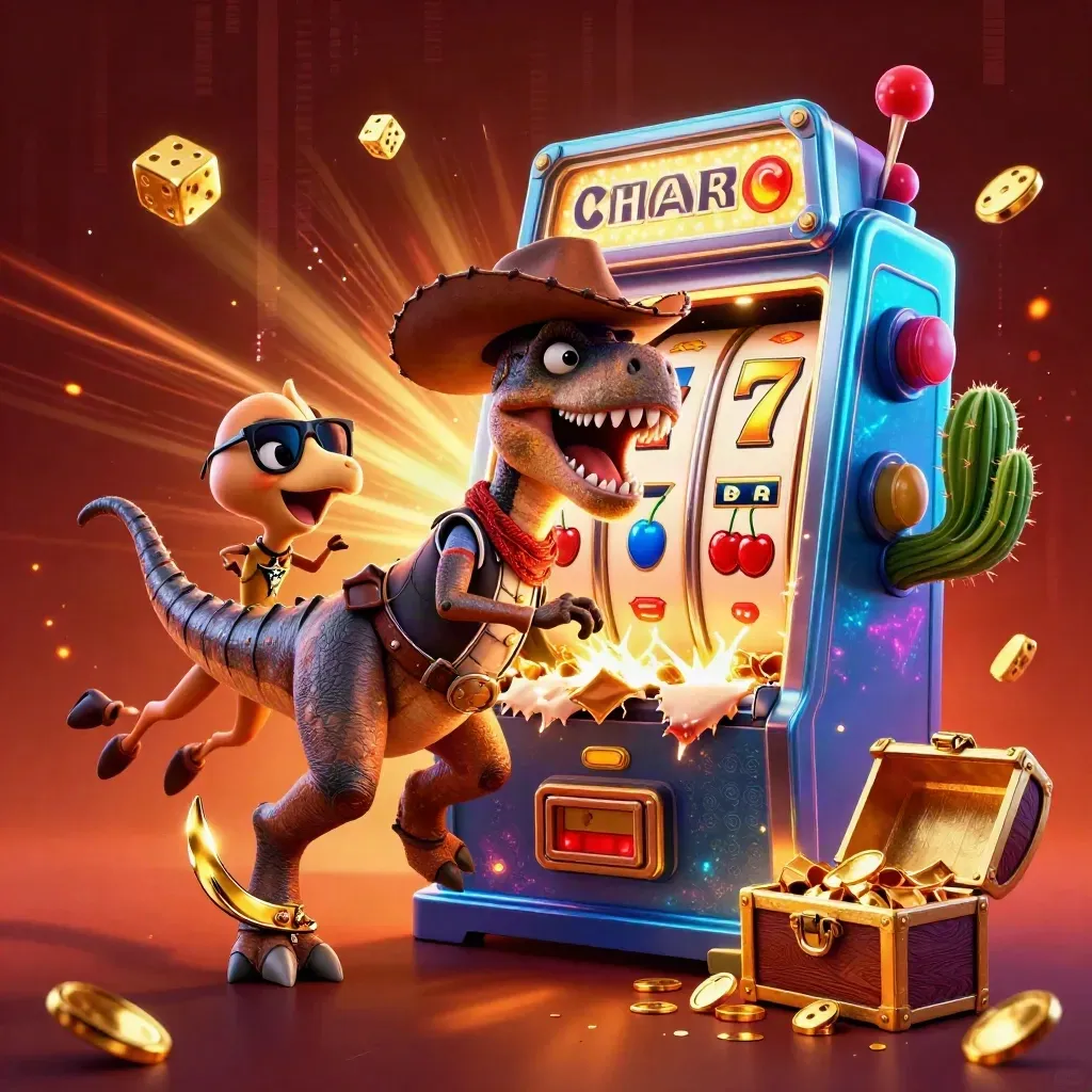 Cowboy T-Rex, cactus sidekick, and roadrunner burst from a neon slot machine with gold and dice.