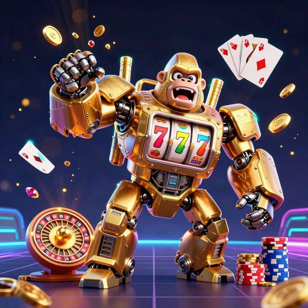 Golden gorilla slot mech with monkey pilot, coins, cards, chips, roulette wheel, and cyan glow.